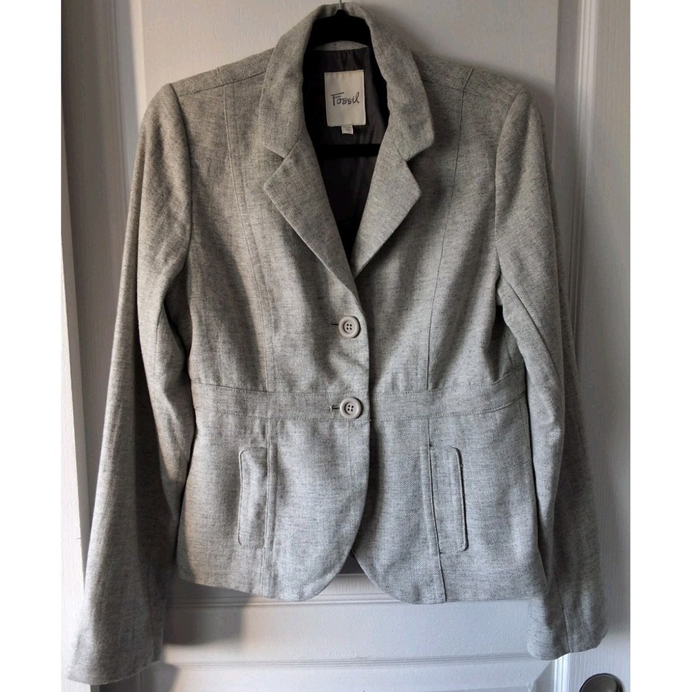 Fossil‎ Women Medium Wool Blend Herringbone Two Button Lined Career Work Blazer